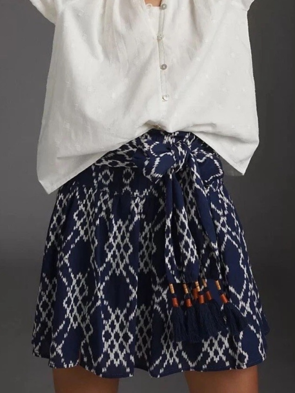 Anthropologie Cotton Boho Rimbaud Navy and White Tie-Waist Mini Skirt
